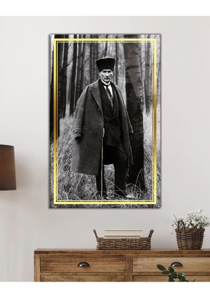 Gold Şerit Siyah Beyaz Atatürk Cam Tablo, Uv Baskılı ve Temperli, Hediyelik fiyatları