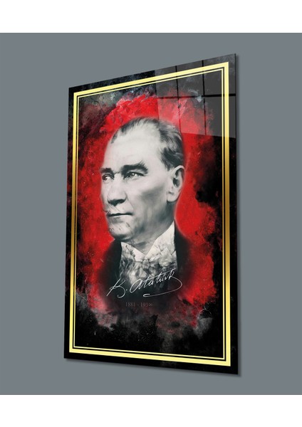 Gold Şerit Kırmızı Siyah Fonlu Atatürk Cam Tablo, Uv Baskılı ve Temperli, Hediyelik