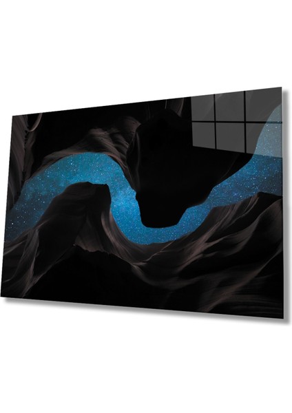 Siyah Mavi Geometrik Cam Tablo, Ev ve Ofis Duvar Dekoru Hediyelik Büyük Tablo Dayanıklı Cam