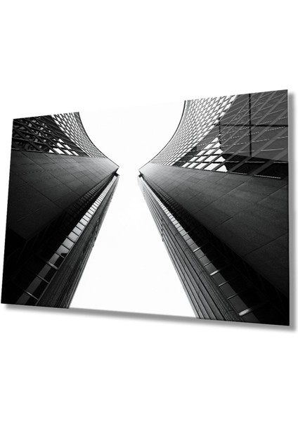 Siyah Beyaz Geometrik Bina Cam Tablo, Ev ve Ofis Duvar Dekoru Hediyelik Büyük Tablo Dayanıklı Cam