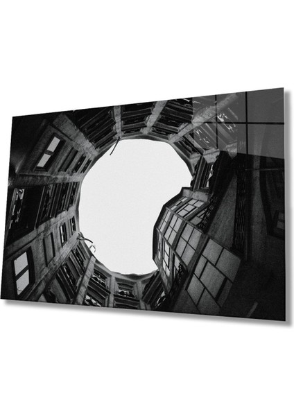 Siyah Beyaz Aşağıdan Yukarı Doğru Geometrik Cam Tablo, Ev ve Ofis Duvar Dekoru Hediyelik, Dayanıklı