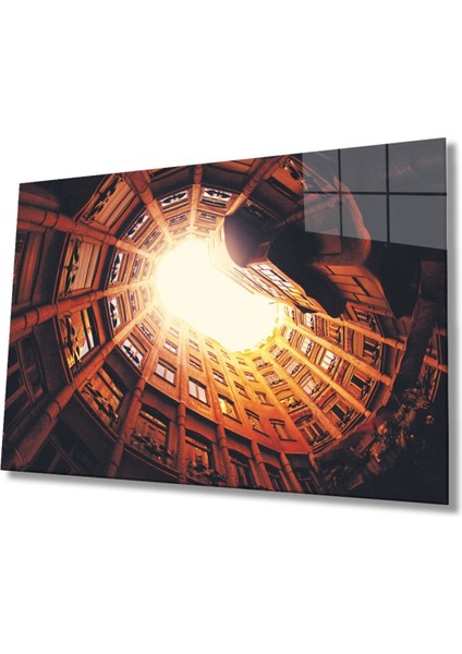 Geometrik Turuncu Bina Cam Tablo, Ev ve Ofis Duvar Dekoru Hediyelik Büyük Tablo Dayanıklı Cam