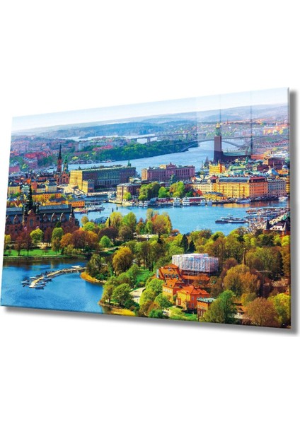 Şehir Manzaralı Cam Tablo, Ev ve Ofis Duvar Dekoru Hediyelik Büyük Tablo Dayanıklı Cam