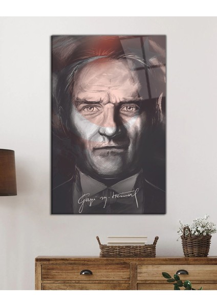 Ay Yıldız Fonlu Atatürk Cam Tablo, Uv Baskılı ve Temperli, Hediyelik