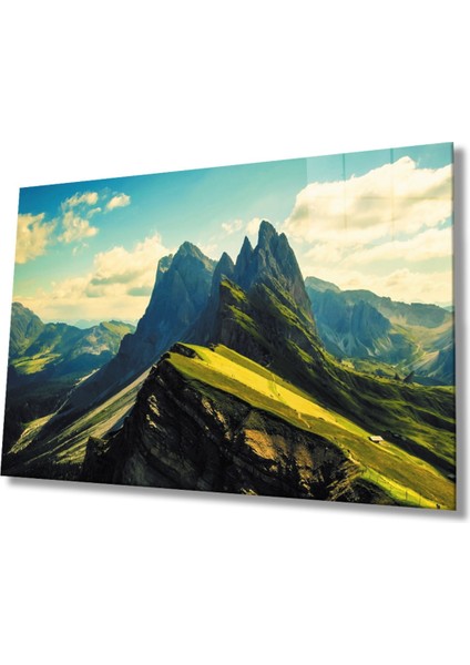 Dağ Manzara Yeşil Cam Tablo, Ev ve Ofis Duvar Dekoru Hediyelik Büyük Tablo Dayanıklı Cam