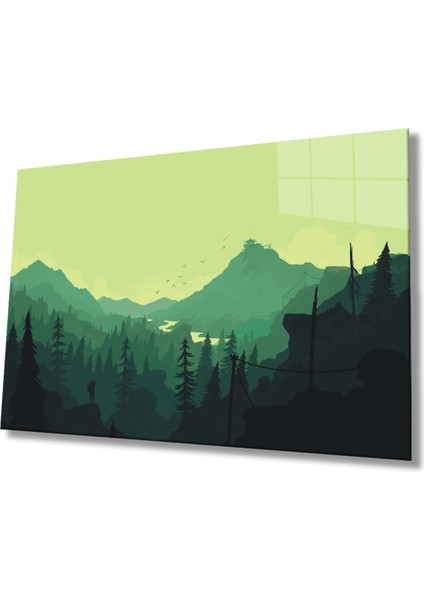 Yeşil Illüstrasyon Dağ Cam Tablo, Ev ve Ofis Duvar Dekoru Hediyelik Büyük Tablo Dayanıklı Cam