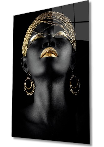 Altın Saç Dudak ve Göz Makyajlı Afrikalı Kadın Cam Tablo, Ev ve Ofis Duvar Dekor Hediyelik Dayanıklı