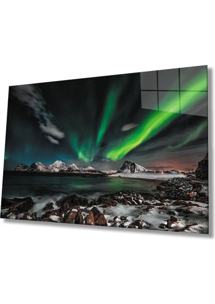 Kuzey Işıkları Manzara Cam Tablo, Ev ve Ofis Duvar Dekoru Hediyelik Büyük Tablo Dayanıklı Cam