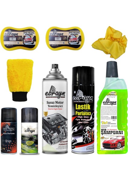 Şampuan+ Motor ve Klima Temizleyici+ Lastik Parlatıcı+ Eldiven ve Sünger+ Parfüm+ Bez-9 Parça fiyatları