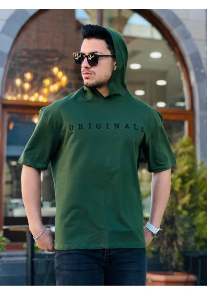 Haki Originals Nakışlı Kapşonlu Iki Iplik Kısa Kollu T-Shirt