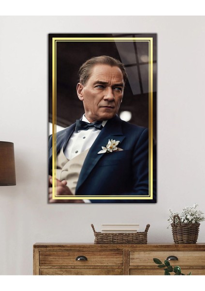 Gold Şerit Yapay Zeka Atatürk Cam Tablo, Uv Baskılı ve Temperli, Hediyelik fiyatları