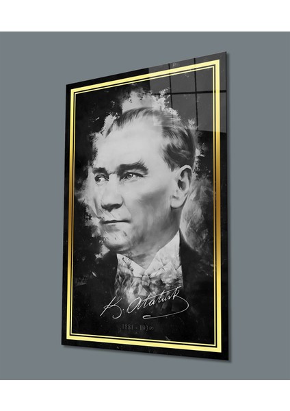 Gold Şerit Siyah Beyaz Atatürk Cam Tablo, Uv Baskılı ve Temperli, Hediyelik