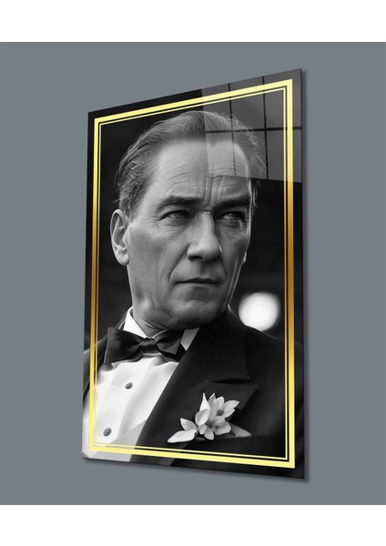 Gold Şerit Siyah Beyaz Atatürk Yapay Zeka Cam Tablo, Uv Baskılı ve Temperli, Hediyelik