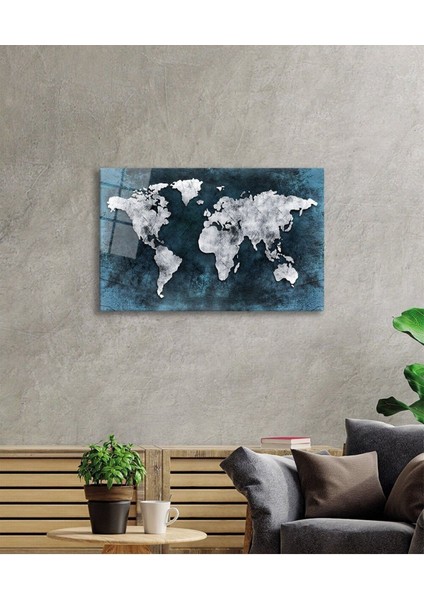 Gri Eskitme Dünya Haritası Cam Tablo, Ev ve Ofis Duvar Dekoru, Hediyelik Büyük Cam Tablo fiyatları