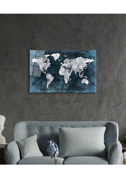 Gri Eskitme Dünya Haritası Cam Tablo, Ev ve Ofis Duvar Dekoru, Hediyelik Büyük Cam Tablo modelleri