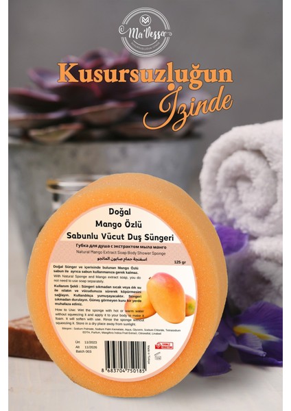 Doğal Mango Özlü Süngerli Sabun, Mango Özlü Sabunlu Vücut Duş Süngeri, Banyo Lifi 125 gr