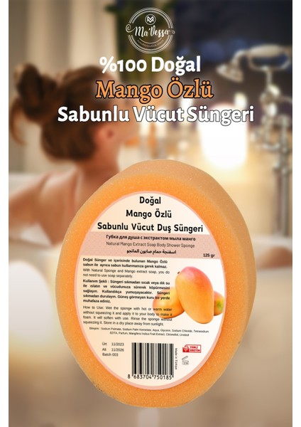 Doğal Mango Özlü Süngerli Sabun, Mango Özlü Sabunlu Vücut Duş Süngeri, Banyo Lifi 125 gr