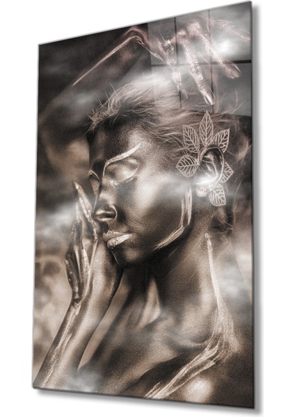 Siyahi Altın Hatlı Kadın Dumanlı Cam Tablo, Ev ve Ofis Duvar Dekoru Hediyelik Temperli Dayanıklı Cam