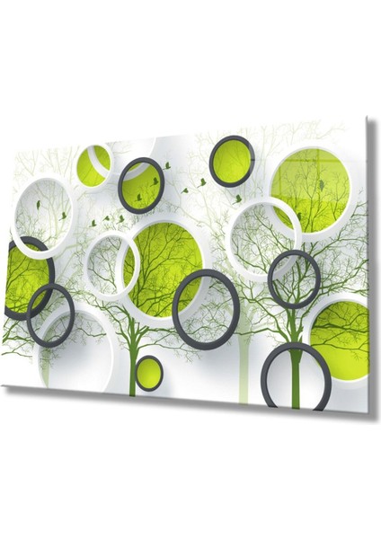 Yeşil Daireler Cam Tablo, Ev ve Ofis Duvar Dekoru Hediyelik Büyük Tablo Dayanıklı Cam