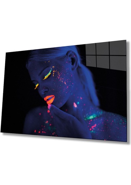 Yeşil Sarı Turuncu Mor Parıltılı Kadın Cam Tablo, Ev ve Ofis Duvar Dekoru, Hediyelik Büyük Cam Tablo