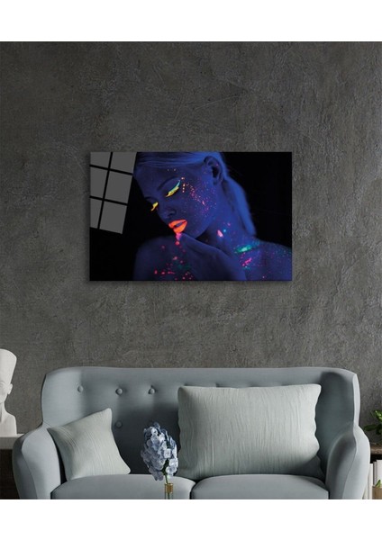 Yeşil Sarı Turuncu Mor Parıltılı Kadın Cam Tablo, Ev ve Ofis Duvar Dekoru, Hediyelik Büyük Cam Tablo modelleri