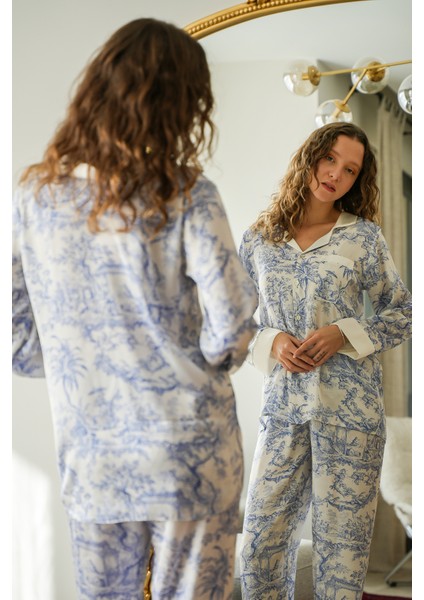 Mavi Desenli Saten Gömlekli Pijama Takımı fiyatları