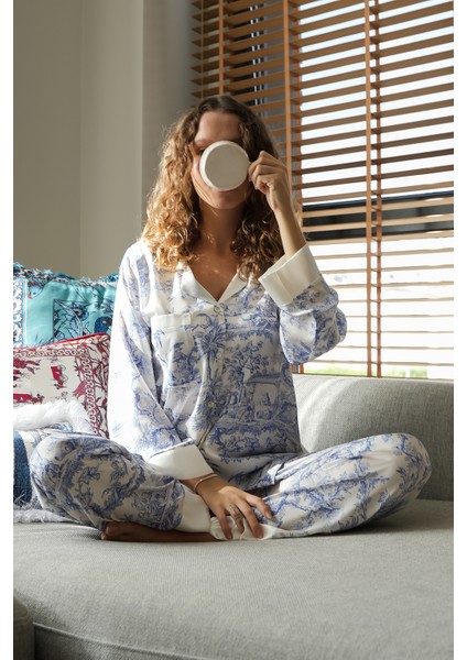 Mavi Desenli Saten Gömlekli Pijama Takımı fırsatları