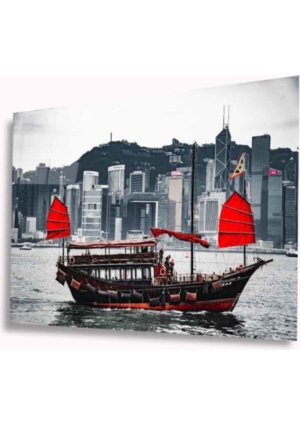 Kırmızı Yelkenli Tekne Cam Tablo 4mm Dayanıklı Temperli Cam