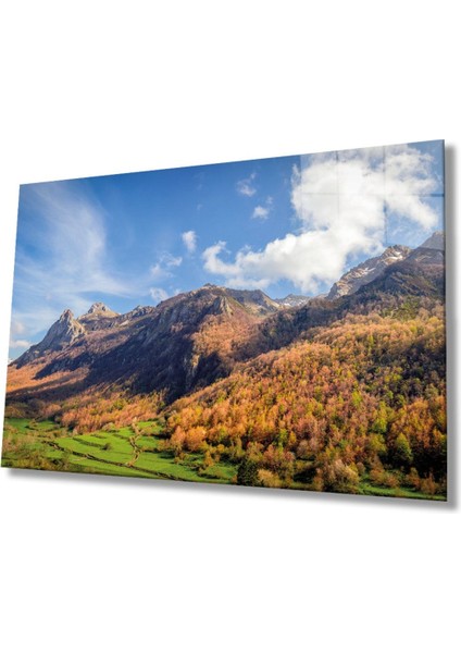 Yeşil Ağaçlı Dağ Manzarası ve Gökyüzü Cam Tablo, Ev ve Ofis Duvar Dekoru, Hediyelik Büyük Cam Tablo