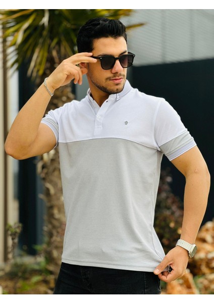 Beyaz Gri Kagi Ston Parçalı Polo Yaka Kısa Kollu T-Shirt