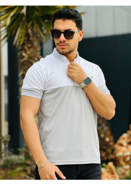 Beyaz Gri Kagi Ston Parçalı Polo Yaka Kısa Kollu T-Shirt fiyatları