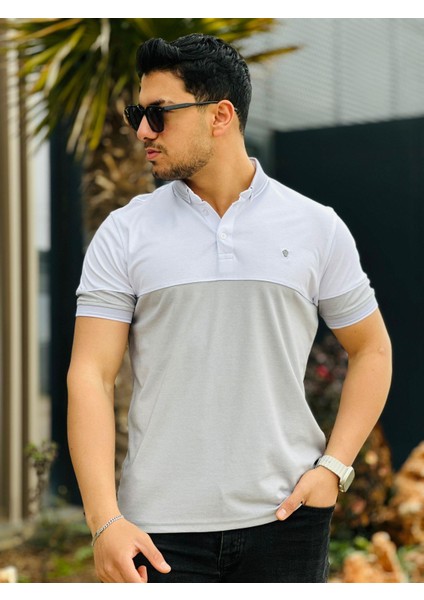 Beyaz Gri Kagi Ston Parçalı Polo Yaka Kısa Kollu T-Shirt modelleri