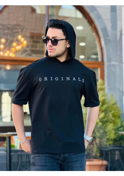 Siyah Originals Nakışlı Kapşonlu Iki Iplik Kısa Kollu T-Shirt
