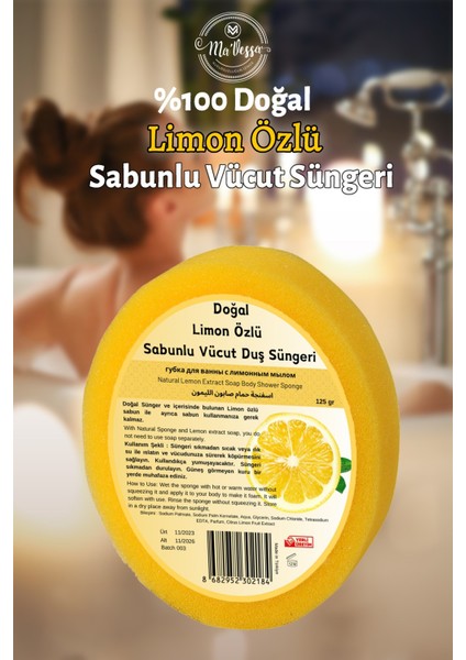 Doğal Limon Özlü Süngerli Sabun, Limon Özlü Sabunlu Vücut Duş Süngeri, Banyo Lifi 125 gr