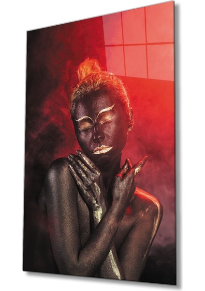 Siyahi Altın Hatlı Kadın Kırmızı Dumanlı Cam Tablo, Ev ve Ofis Duvar Dekoru, Hediyelik Dayanıklı Cam