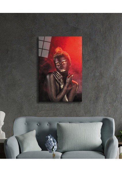 Siyahi Altın Hatlı Kadın Kırmızı Dumanlı Cam Tablo, Ev ve Ofis Duvar Dekoru, Hediyelik Dayanıklı Cam fiyatları