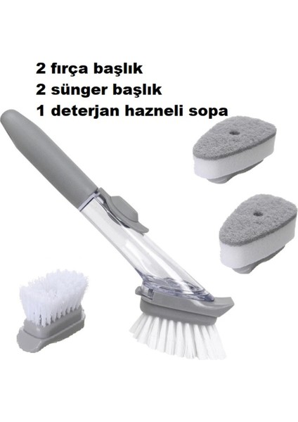 Deterjan Hazneli Saplı Bulaşık Fırçası Sert Süngerli Fırça Banyo Fırçası 2 Adet Yedek Sünger+Fırça