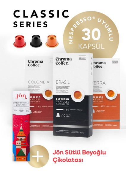 Chroma Coffee Classic Series ve Jön Beyoğlu Çikolatası, 30 Adet Nespresso Uyumlu Kapsül Kahve, 1 Adet 44gr Çikolata