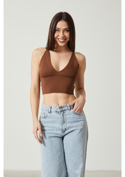 Kadın Super Crop Sırt Detaylı Triko Büstiyer Bluz