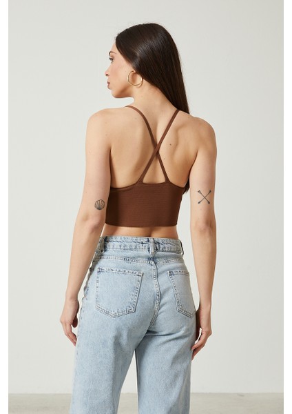 Kadın Super Crop Sırt Detaylı Triko Büstiyer Bluz fırsatları