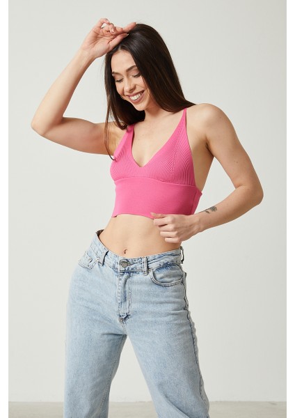 Kadın Super Crop Sırt Detaylı Triko Büstiyer Bluz