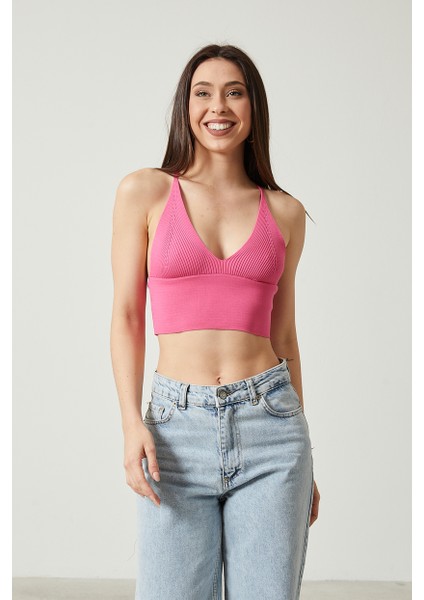 Kadın Super Crop Sırt Detaylı Triko Büstiyer Bluz modelleri