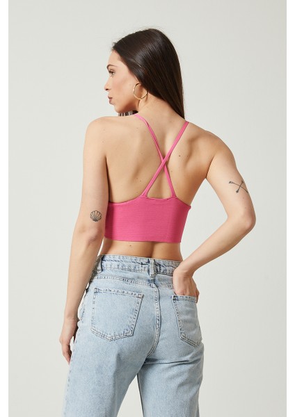 Kadın Super Crop Sırt Detaylı Triko Büstiyer Bluz fırsatları