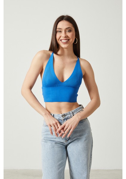 Kadın Super Crop Sırt Detaylı Triko Büstiyer Bluz
