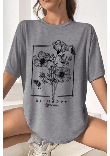 Only Trendwear Unisex Be Happy Baskılı Oversize Tshirt