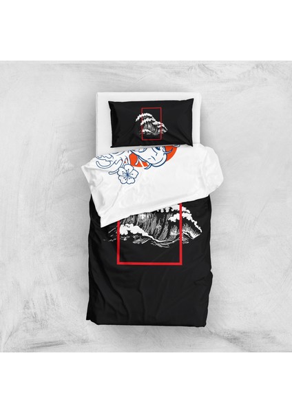 Koi Fish & Perspektif Kanagawa Dalgası Çift Taraflı Nevresim Takımı