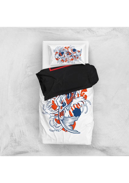 Koi Fish & Perspektif Kanagawa Dalgası Çift Taraflı Nevresim Takımı