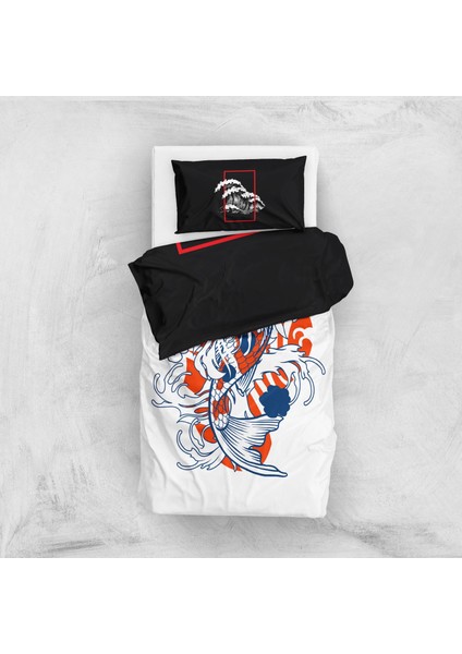 Koi Fish & Perspektif Kanagawa Dalgası Çift Taraflı Nevresim Takımı