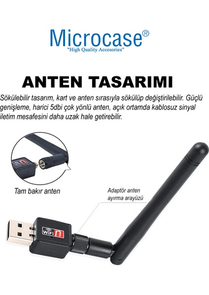 2.4ghz 300 Mbps USB Wireless Adaptör Wifi Anten 15.5 cm - AL4221 modelleri