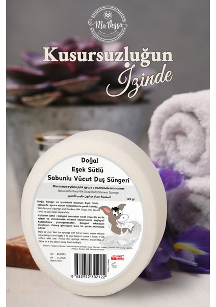 Doğal Eşek Sütlü Süngerli Sabun, Eşek Sütlü Sabunlu Vücut Duş Süngeri, Banyo Lifi 125 gr